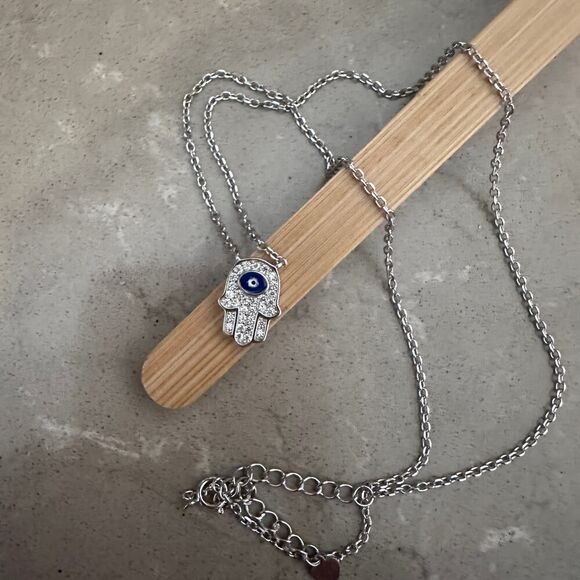 Sterling Silver Hamsa CZ Necklace with Evil Eye, Minimalist, Protection - Picture 3 of 7